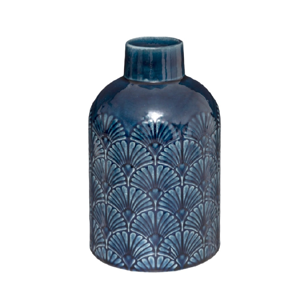 Elegant Blue Ceramic Vase with Art Deco Pattern